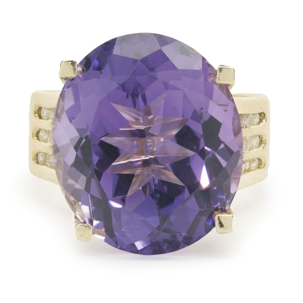14 Karat Yellow Gold Amethyst and Diamond Cocktail Ring