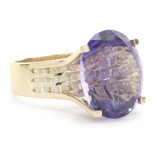 14 Karat Yellow Gold Amethyst and Diamond Cocktail Ring
