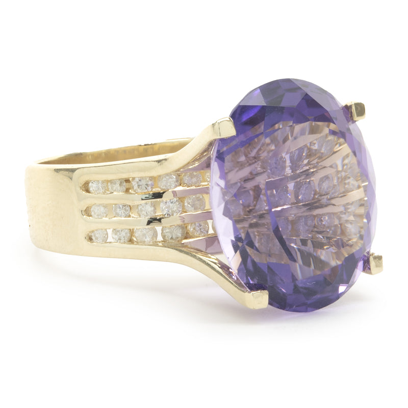 14 Karat Yellow Gold Amethyst and Diamond Cocktail Ring