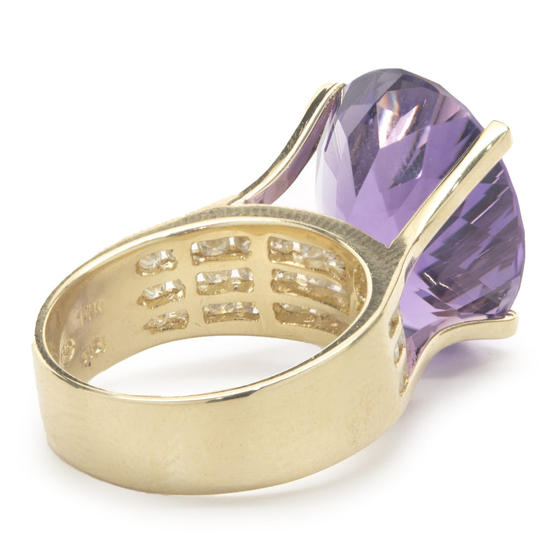 14 Karat Yellow Gold Amethyst and Diamond Cocktail Ring