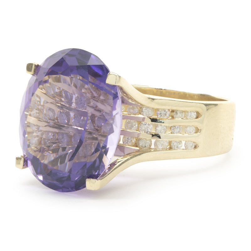 14 Karat Yellow Gold Amethyst and Diamond Cocktail Ring