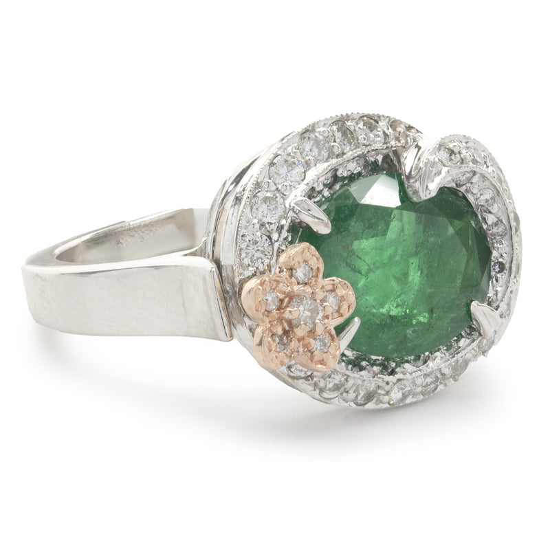14 Karat White & Rose Gold Emerald and Diamond Flower Wrap Ring