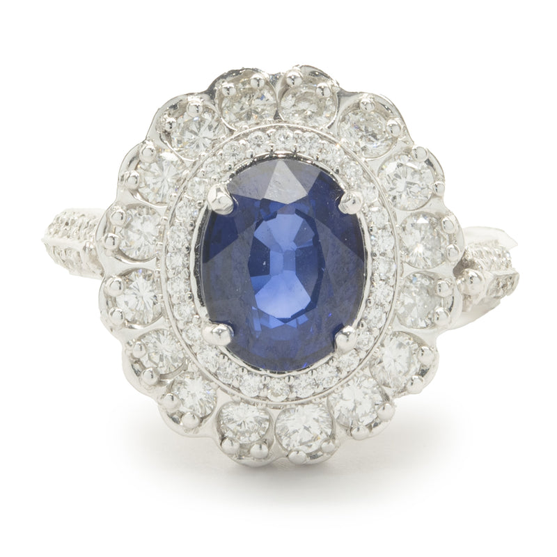14 Karat White Gold Sapphire and Diamond Double Halo Ring