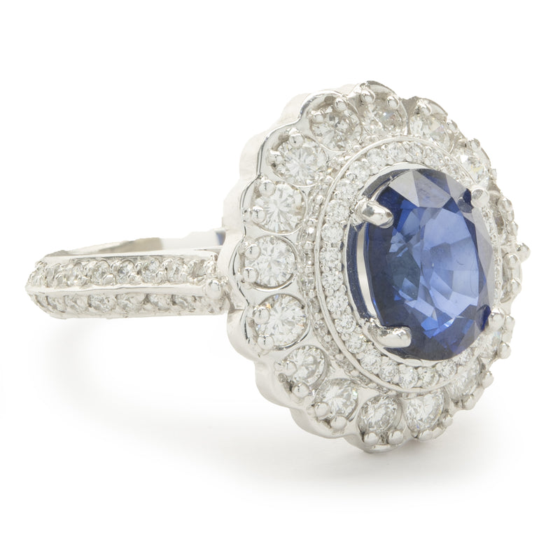 14 Karat White Gold Sapphire and Diamond Double Halo Ring