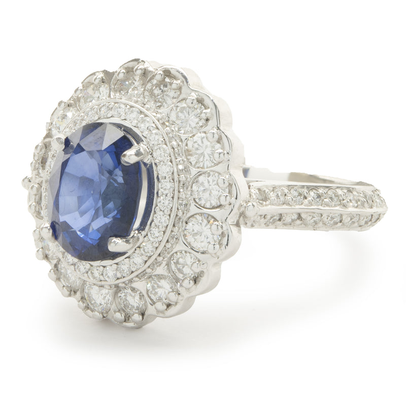 14 Karat White Gold Sapphire and Diamond Double Halo Ring