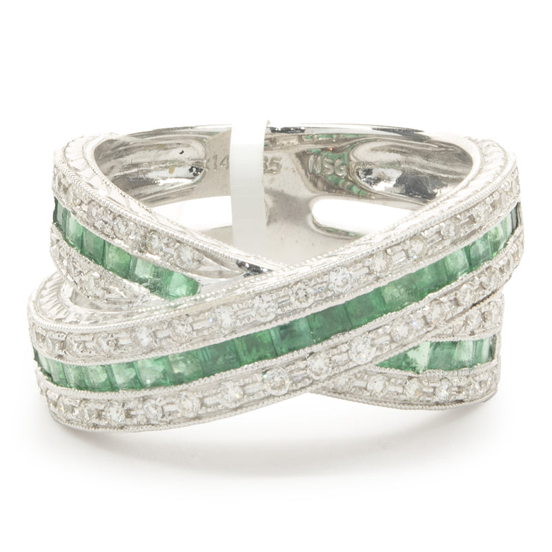 14 Karat White Gold Diamond and Emerald Crossover Ring
