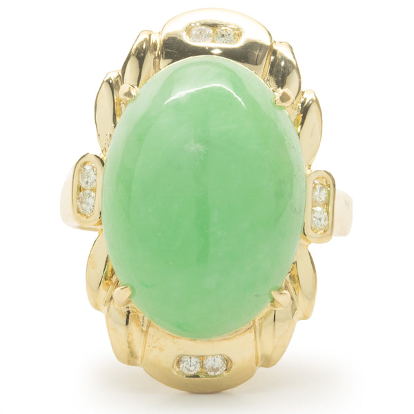 18 Karat Yellow Gold Cabachon Cut Jade and Diamond