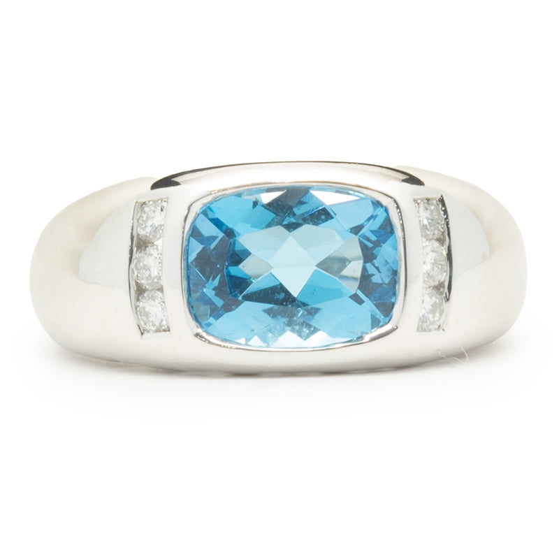 14 Karat White Gold Blue Topaz and Diamond Ring