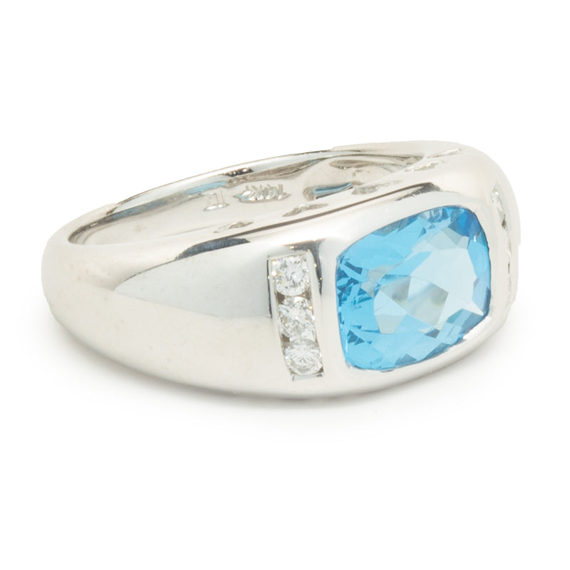 14 Karat White Gold Blue Topaz and Diamond Ring
