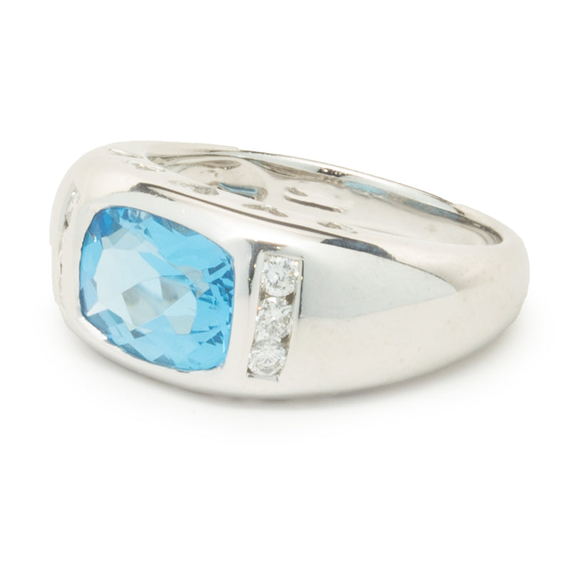 14 Karat White Gold Blue Topaz and Diamond Ring