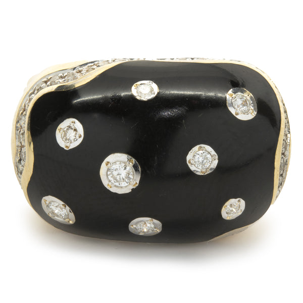 14 Karat Yellow Gold Black Enamel and Diamond Cocktail Ring