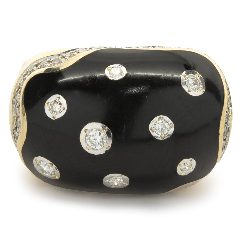 14 Karat Yellow Gold Black Enamel and Diamond Cocktail Ring