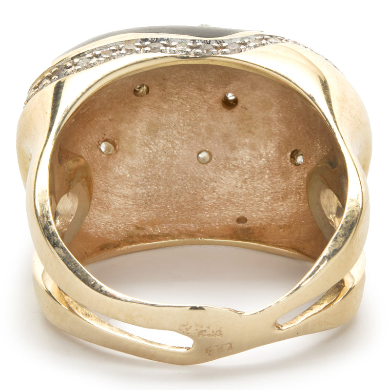 14 Karat Yellow Gold Black Enamel and Diamond Cocktail Ring