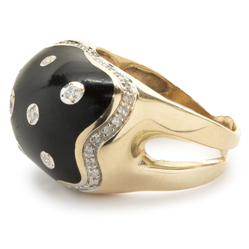 14 Karat Yellow Gold Black Enamel and Diamond Cocktail Ring