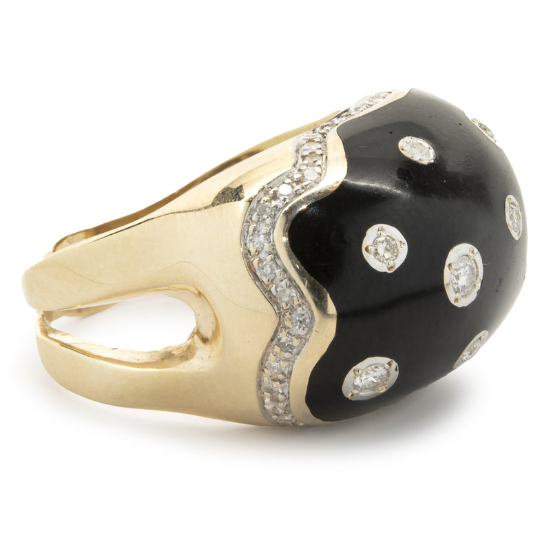 14 Karat Yellow Gold Black Enamel and Diamond Cocktail Ring