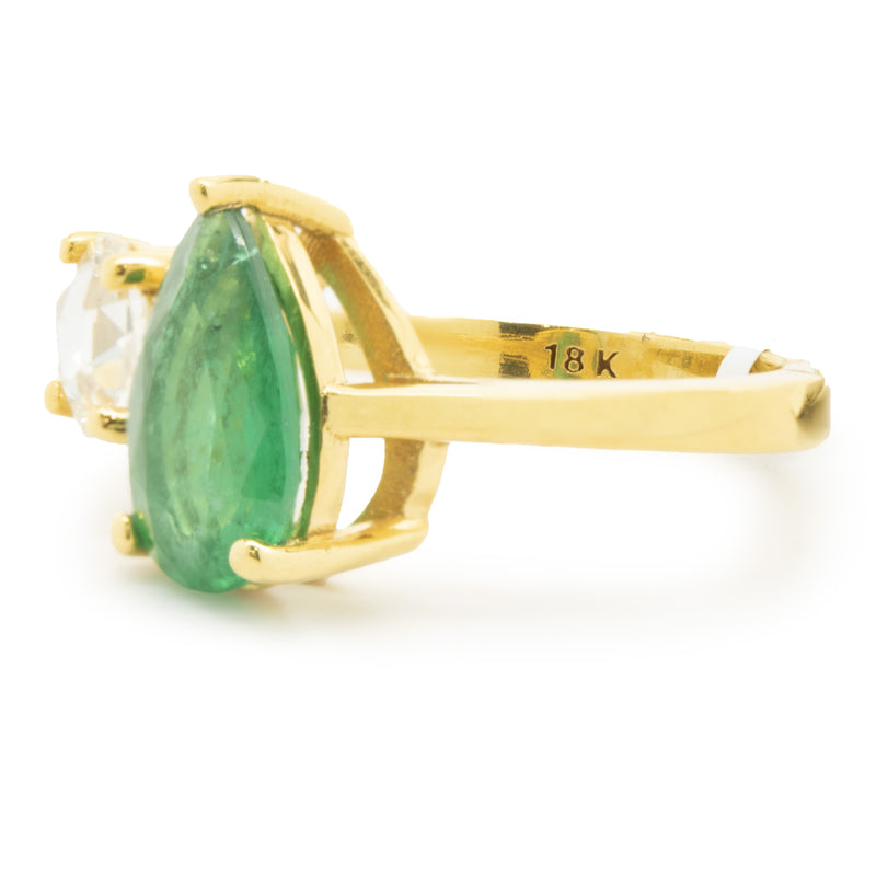 18 Karat Yellow Gold Emerald and Rose Cut diamond Dual Ring