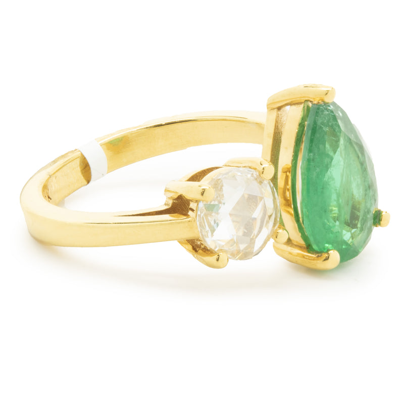 18 Karat Yellow Gold Emerald and Rose Cut diamond Dual Ring