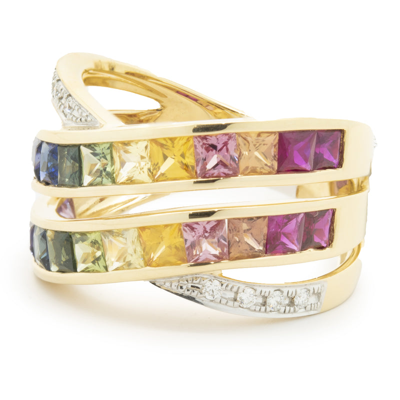 18 Karat Yellow Gold Rainbow Sapphire and Diamond Bypass Ring
