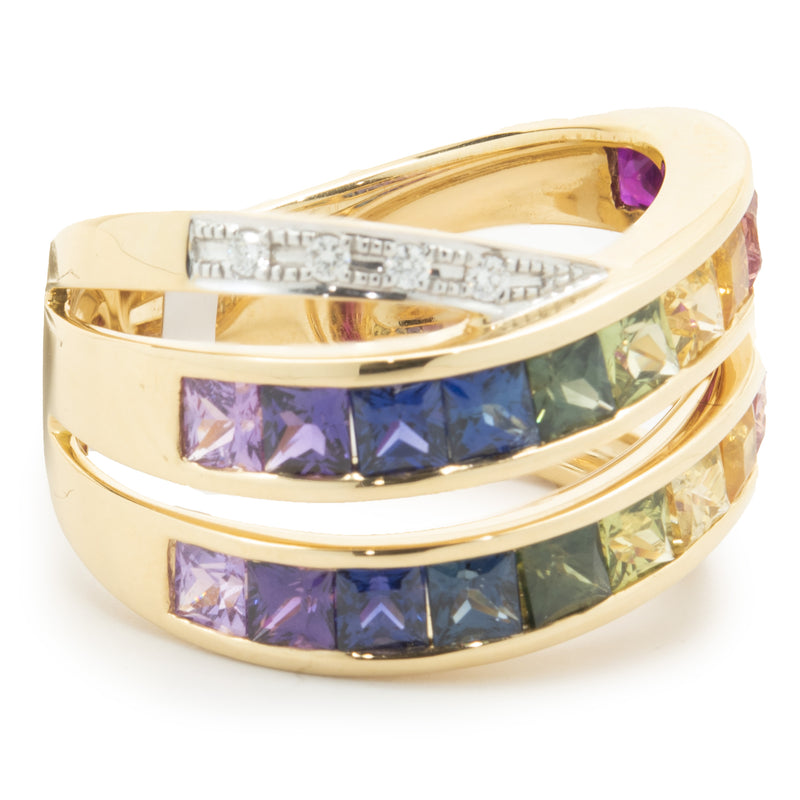 18 Karat Yellow Gold Rainbow Sapphire and Diamond Bypass Ring