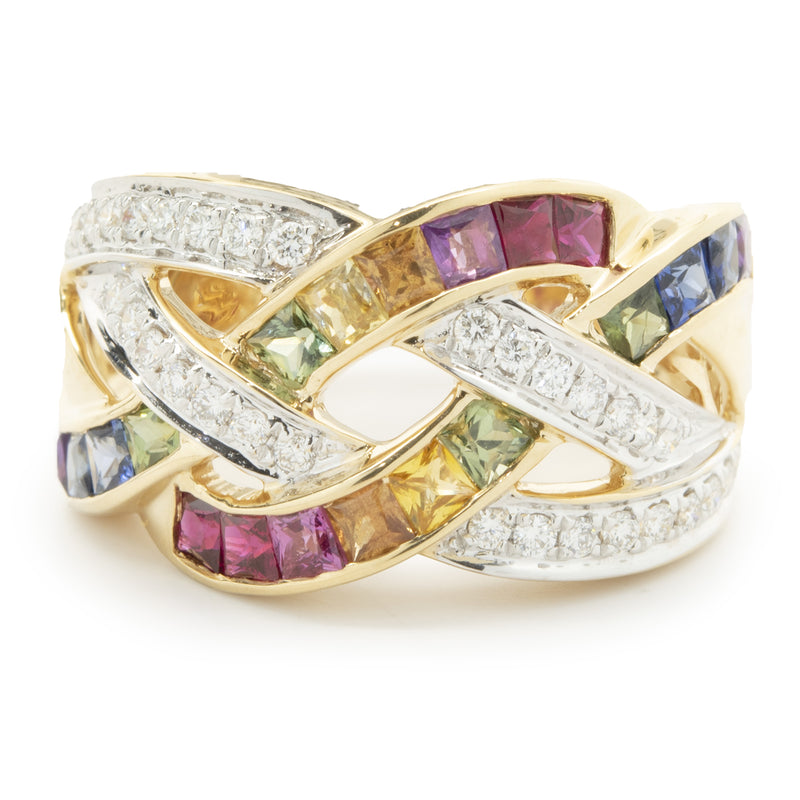 18 Karat Yellow Gold Rainbow Sapphire and Diamond Weave Ring
