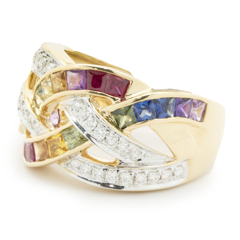 18 Karat Yellow Gold Rainbow Sapphire and Diamond Weave Ring