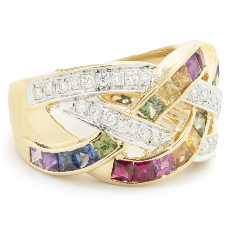 18 Karat Yellow Gold Rainbow Sapphire and Diamond Weave Ring