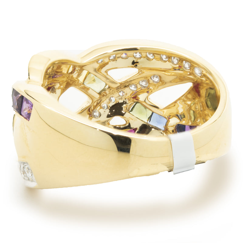18 Karat Yellow Gold Rainbow Sapphire and Diamond Weave Ring