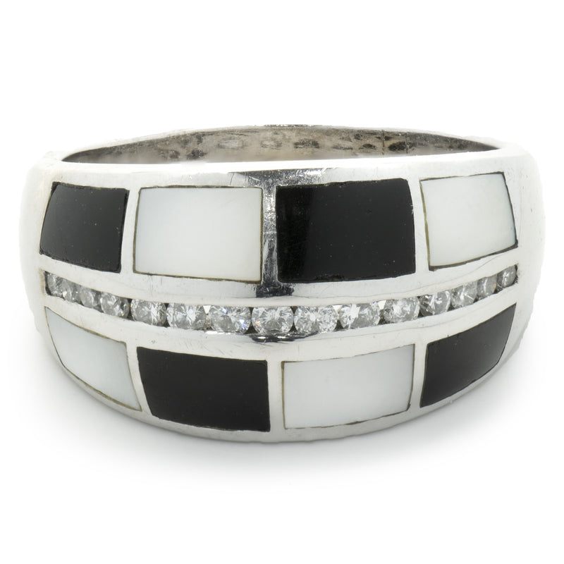14 Karat White Gold Black Onyx, Mother of Pearl, and Diamond Inlay Ring