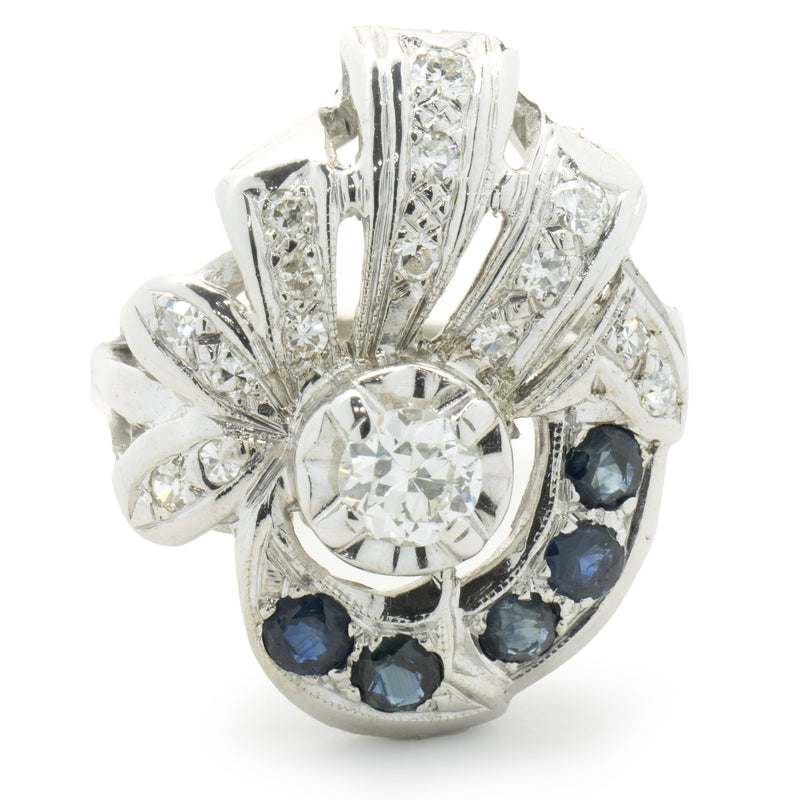 14 Karat White Gold Vintage Art Deco Diamond and Sapphire Ring