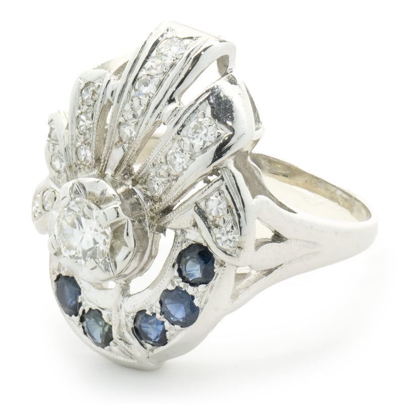 14 Karat White Gold Vintage Art Deco Diamond and Sapphire Ring
