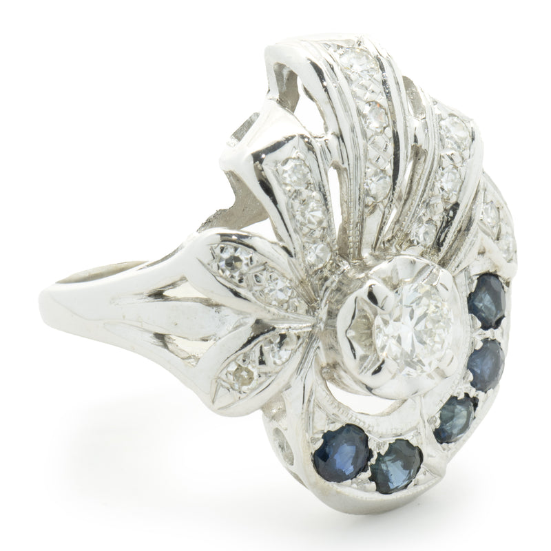 14 Karat White Gold Vintage Art Deco Diamond and Sapphire Ring