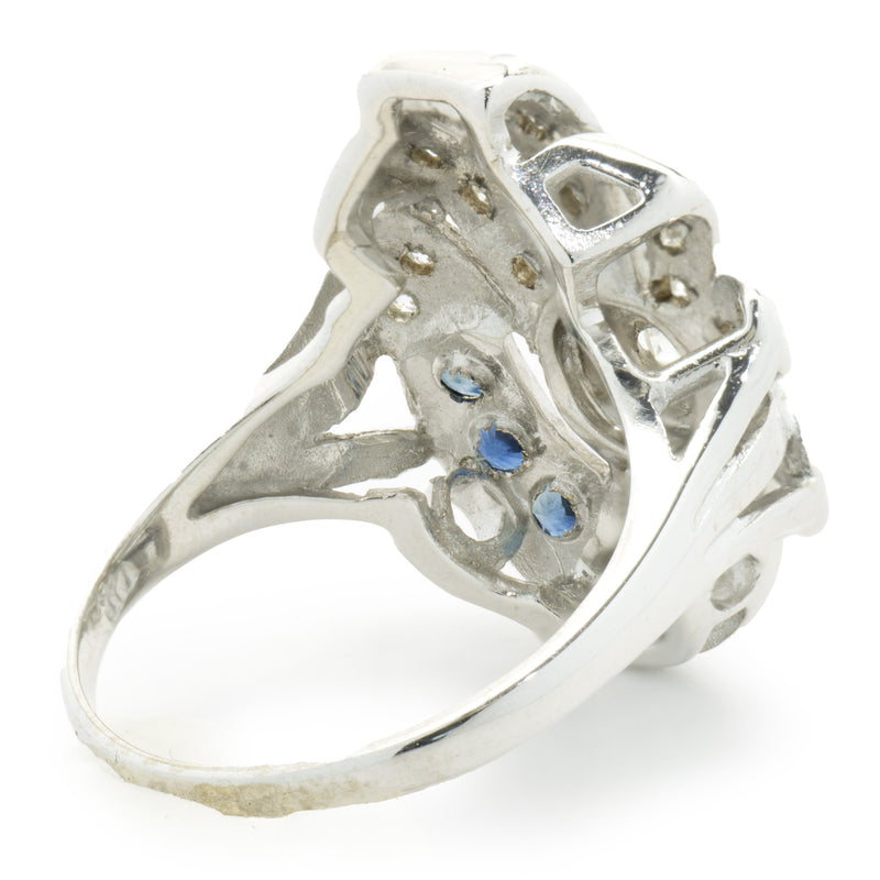 14 Karat White Gold Vintage Art Deco Diamond and Sapphire Ring