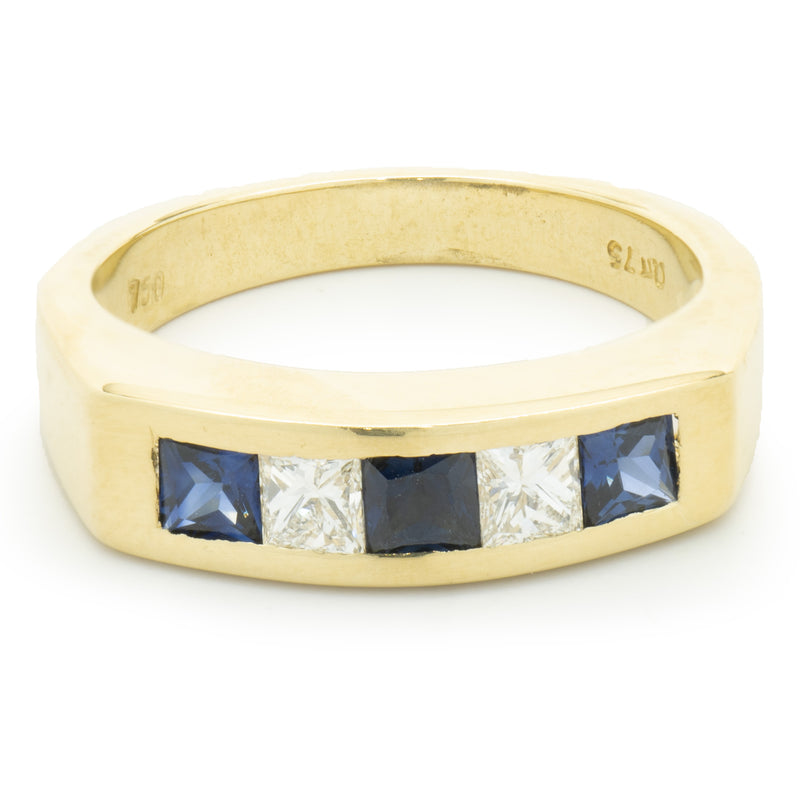 18 Karat Yellow Gold Channel Set Alternating Diamond and Sapphire Ring
