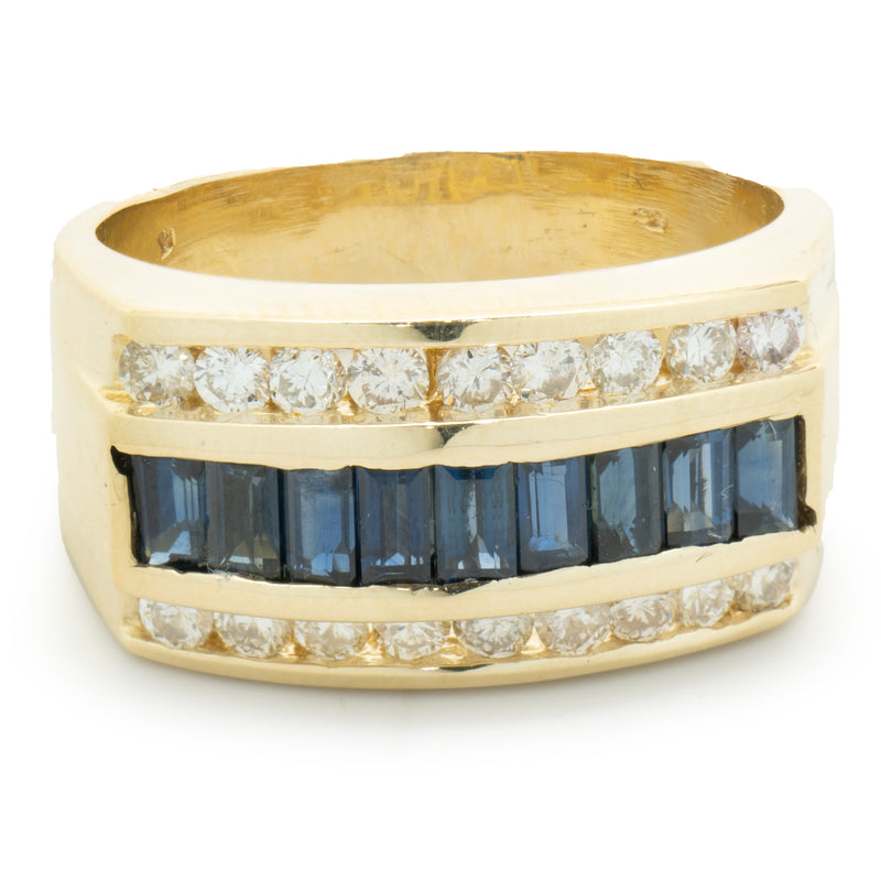 14 Karat Yellow Gold Three Row Channel Set Diamond and Sapphire Ring