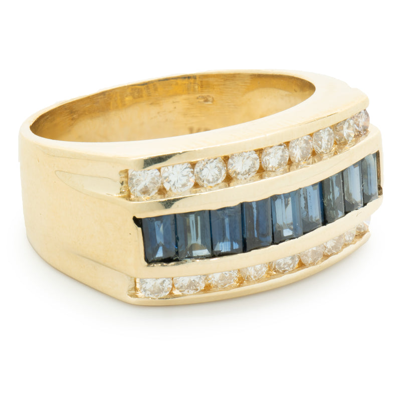 14 Karat Yellow Gold Three Row Channel Set Diamond and Sapphire Ring