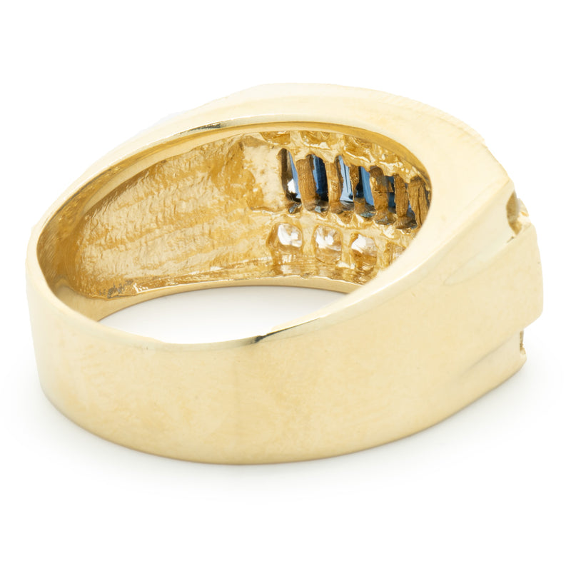 14 Karat Yellow Gold Three Row Channel Set Diamond and Sapphire Ring