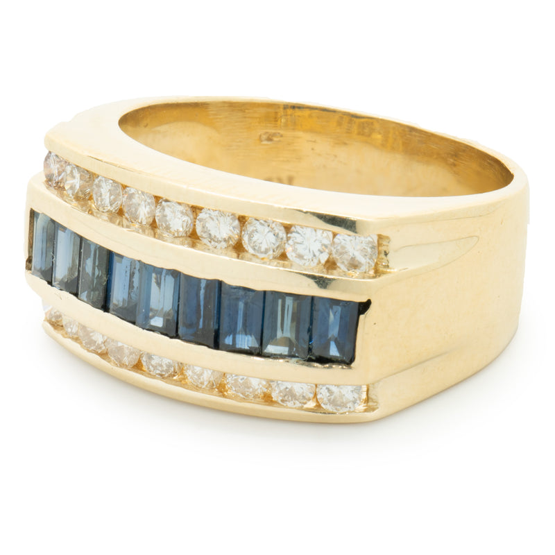 14 Karat Yellow Gold Three Row Channel Set Diamond and Sapphire Ring