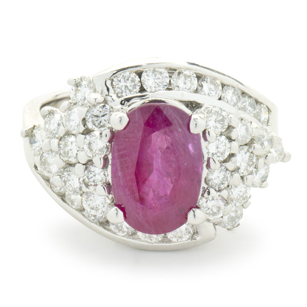14 Karat White Gold Oval Ruby and Pave Diamond Cocktail Ring