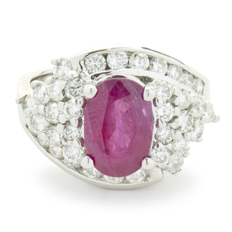 14 Karat White Gold Oval Ruby and Pave Diamond Cocktail Ring