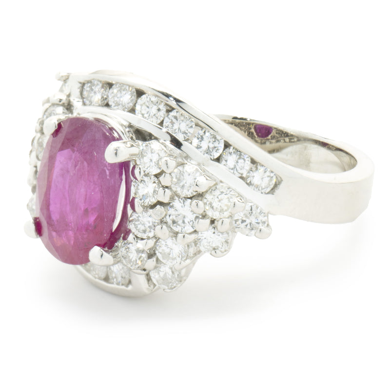 14 Karat White Gold Oval Ruby and Pave Diamond Cocktail Ring