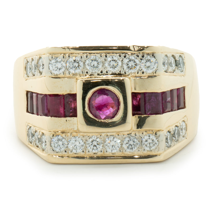 14 Karat Yellow Gold Diamond and Ruby Three Row Signet Style Ring