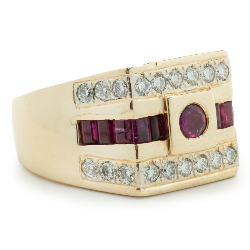 14 Karat Yellow Gold Diamond and Ruby Three Row Signet Style Ring