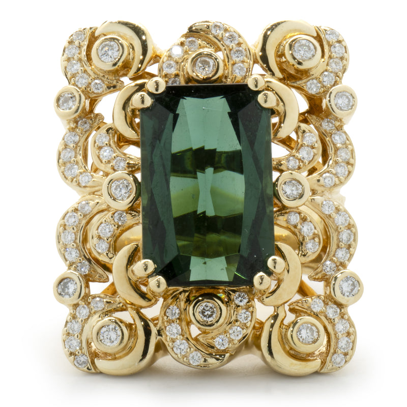 18 Karat Yellow Gold Ornate Green Tourmaline and Diamond Rectangular Cocktail Ring