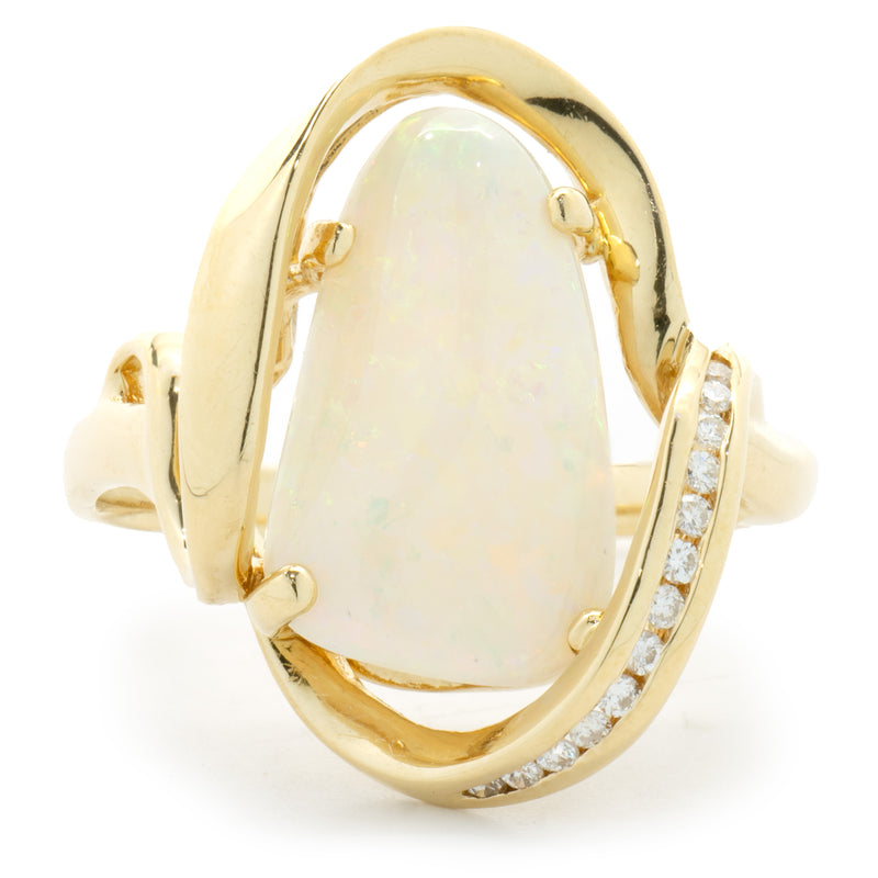 18 Karat Yellow Gold Opal and Diamond Freeform Ring