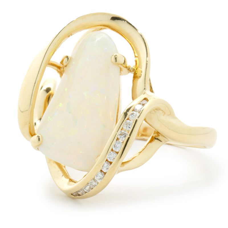 18 Karat Yellow Gold Opal and Diamond Freeform Ring