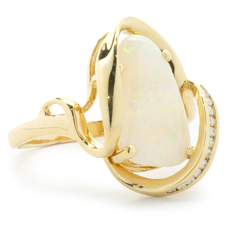 18 Karat Yellow Gold Opal and Diamond Freeform Ring
