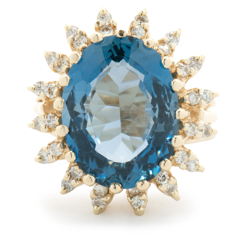 14 Karat Yellow Gold Oval London Blue Topaz and Diamond Cocktail Ring