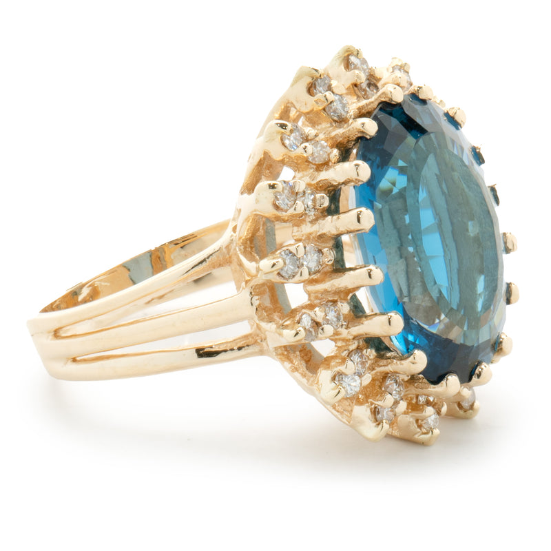 14 Karat Yellow Gold Oval London Blue Topaz and Diamond Cocktail Ring