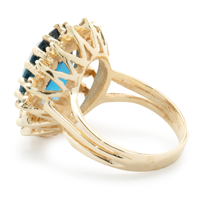 14 Karat Yellow Gold Oval London Blue Topaz and Diamond Cocktail Ring