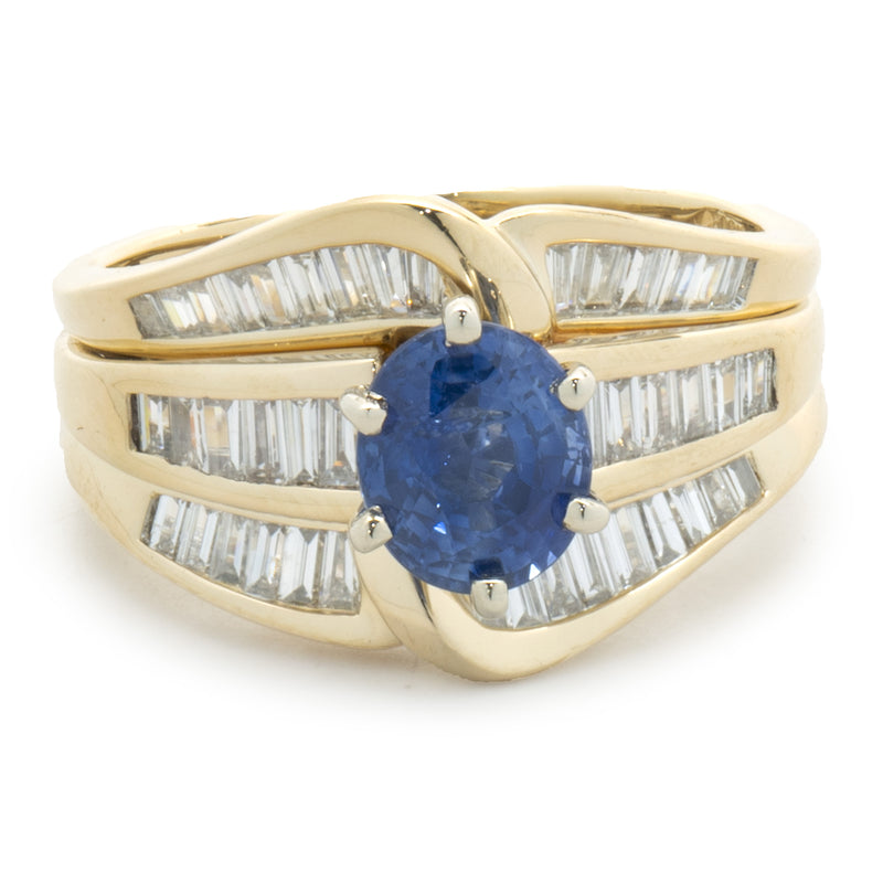 14 Karat Yellow Gold Vintage Sapphire and Diamond Two Piece Ring Set